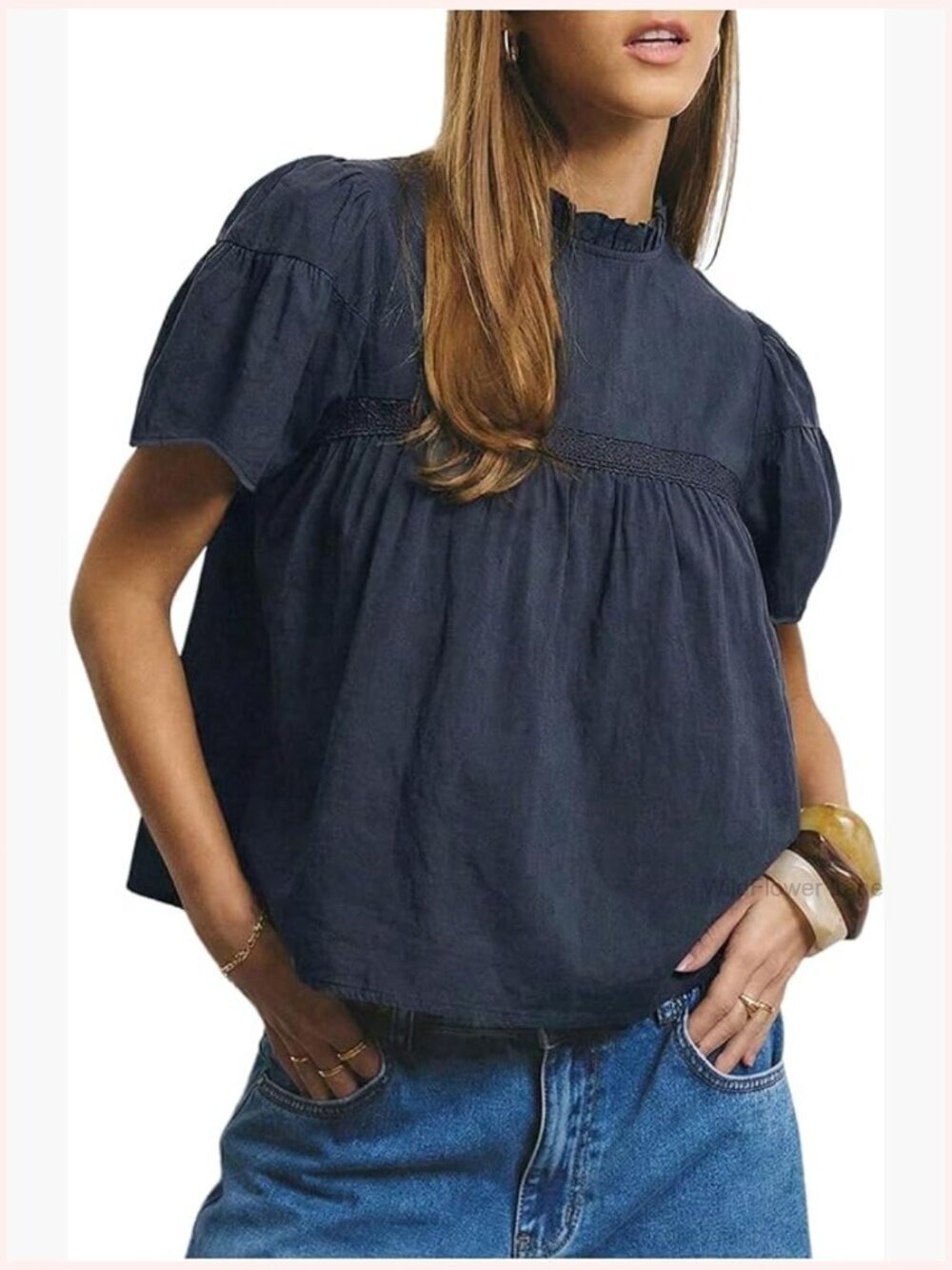 Flowy Ruffle Babydoll Top Mock Neck Puff Sleeve Blouse